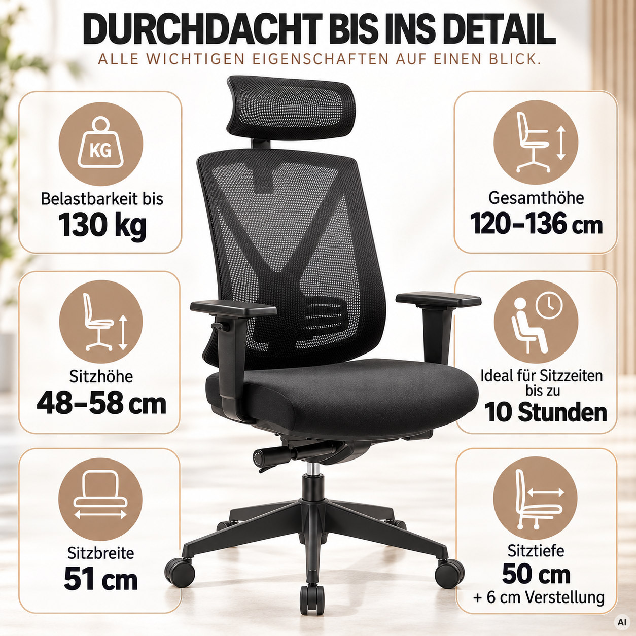 Ergo Studio L mit Kopfstütze - Bürostuhl mit Netz